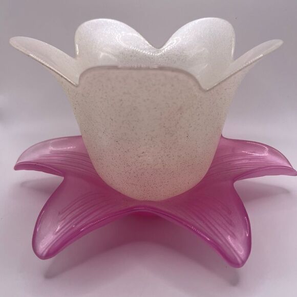 Large Frosted Glass Tulip Candle Holder. Glitter White and Pink Tulip - Picture 1 of 8